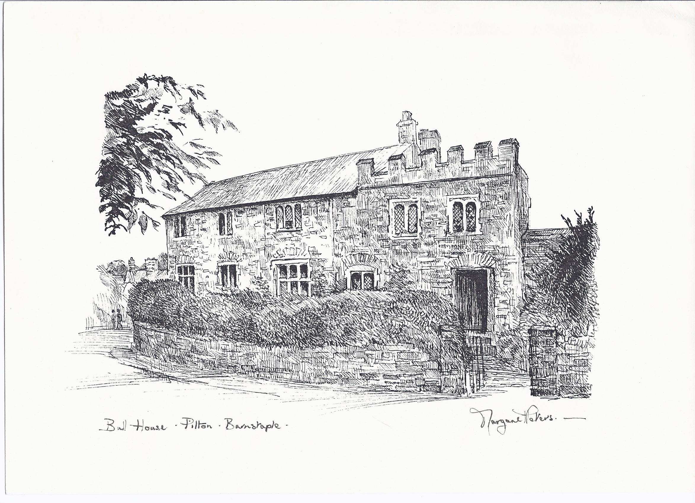 drawing of bull hill house, pilton, barnstaple, by margaret peters