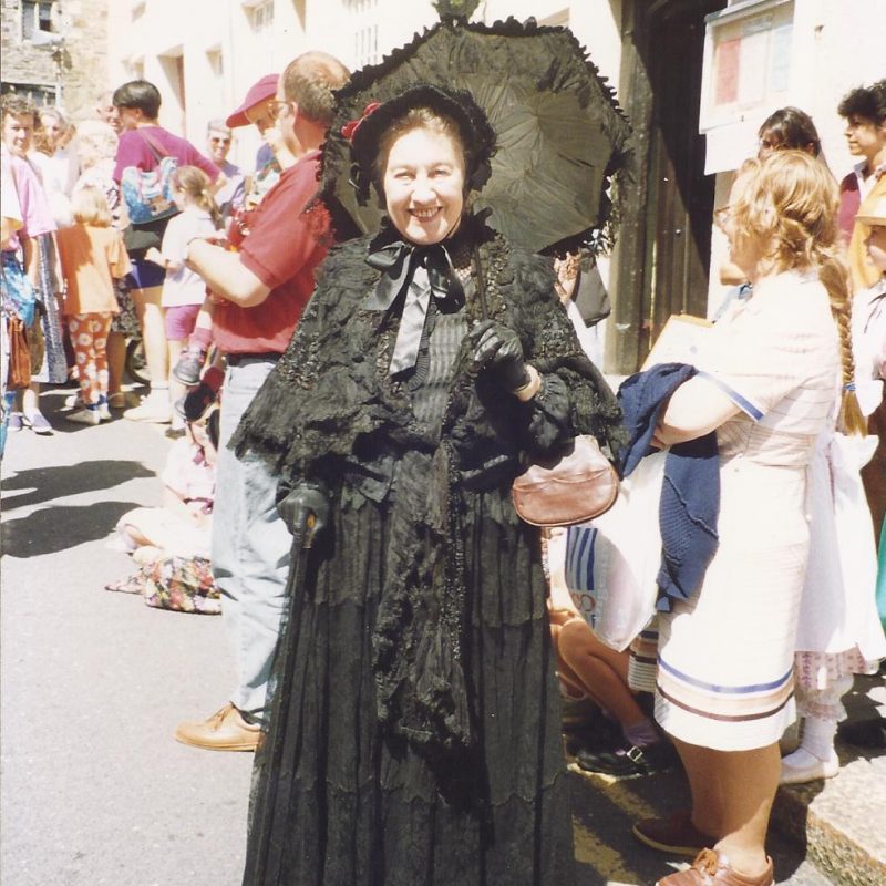 Mary Spiegelhalter in Victorian dress at the 1993 Pilton Festival
