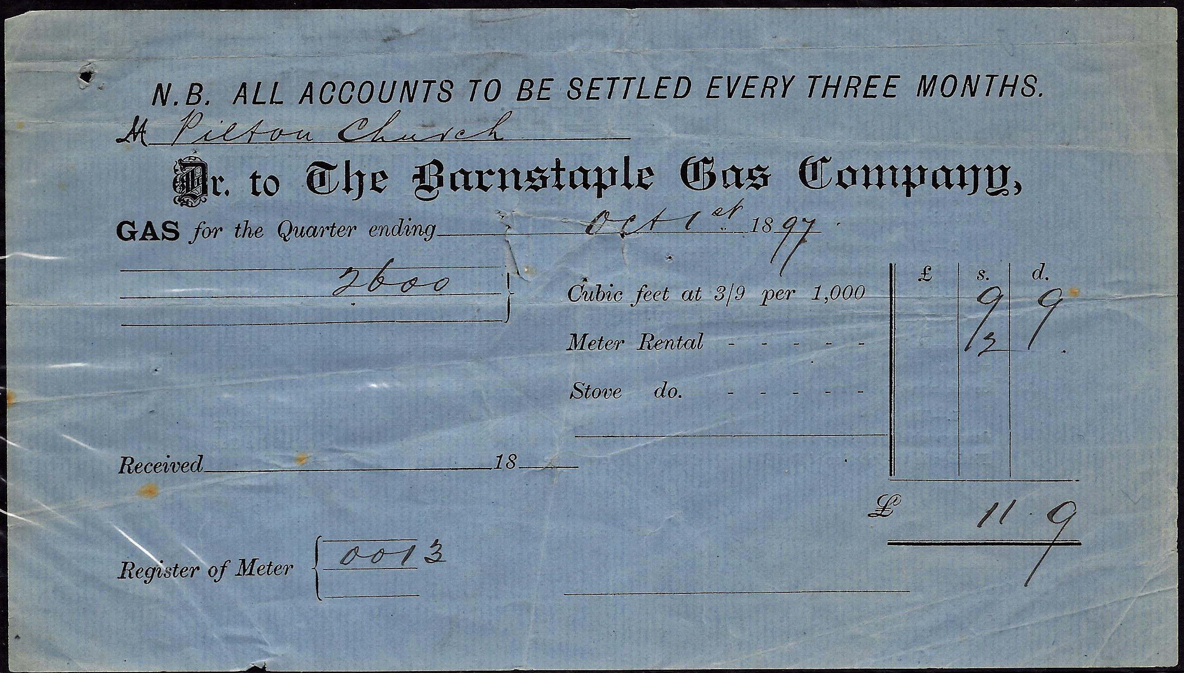 St Mary's Church, Pilton, Gas Bill 1897