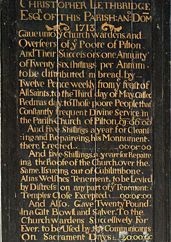 Tablet in Memory of Christopher Lethbridge 1713 in Pilton Church