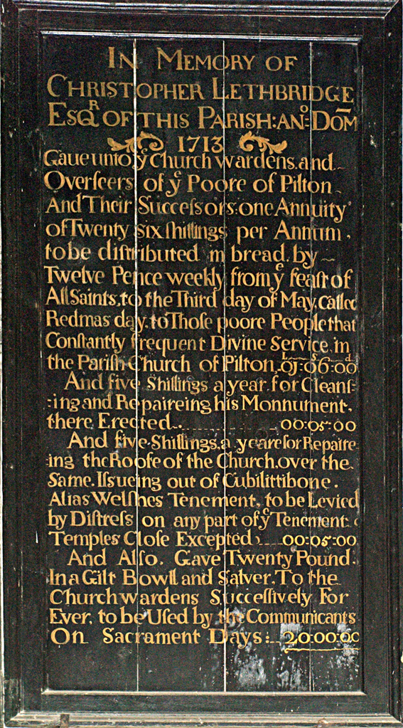 Tablet in Memory of Christopher Lethbridge 1713 in Pilton Church