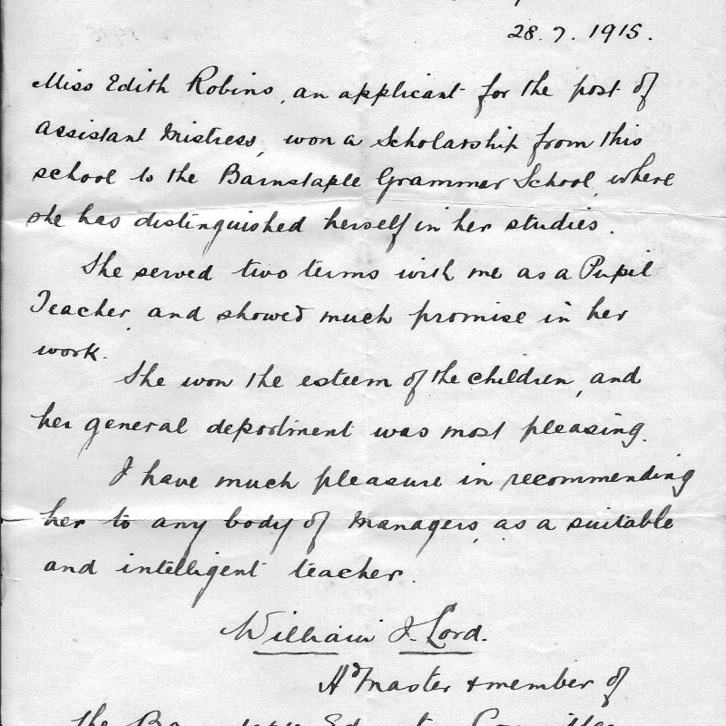 Letter concerning Miss Edith Robins of Pilton in 1915