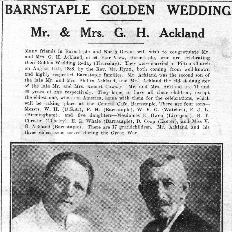 Golden Wedding of Mr & Mrs George H Ackland of Fair View, Pilton, on 11th August 1938