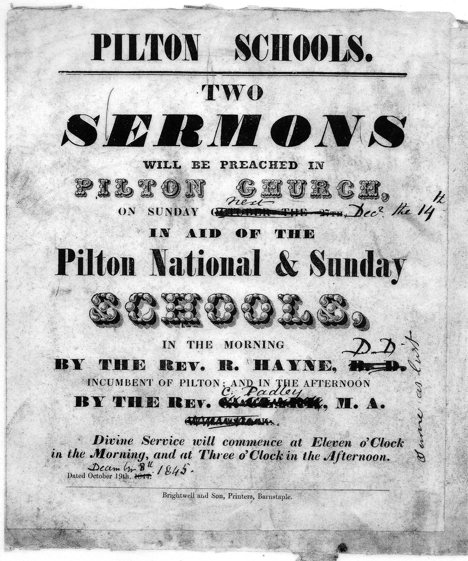 Poster for Two Sermons for Pilton Schools in 1845