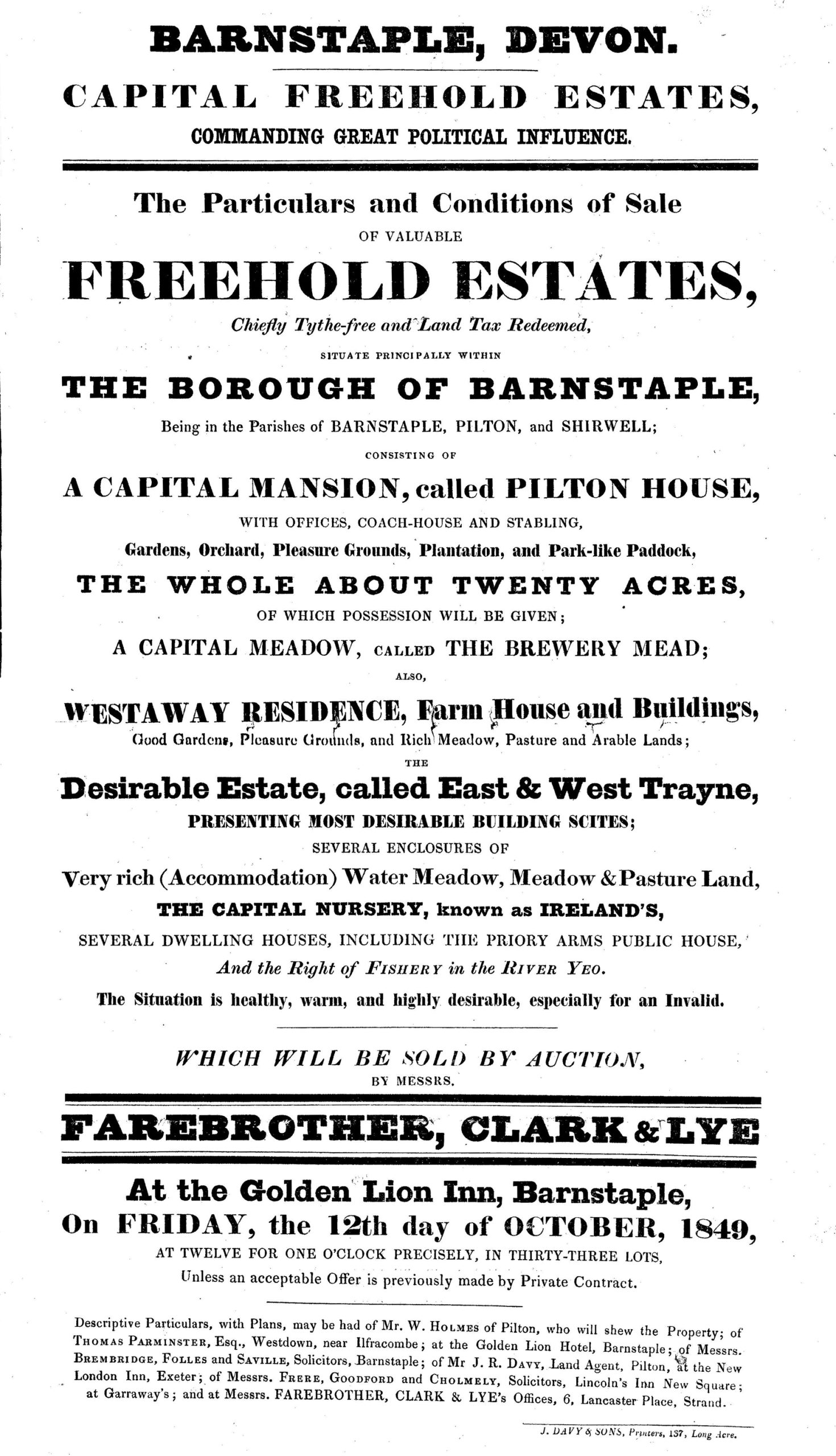 Poster for the Sale of the Pilton House Estate by Auction in October 1849