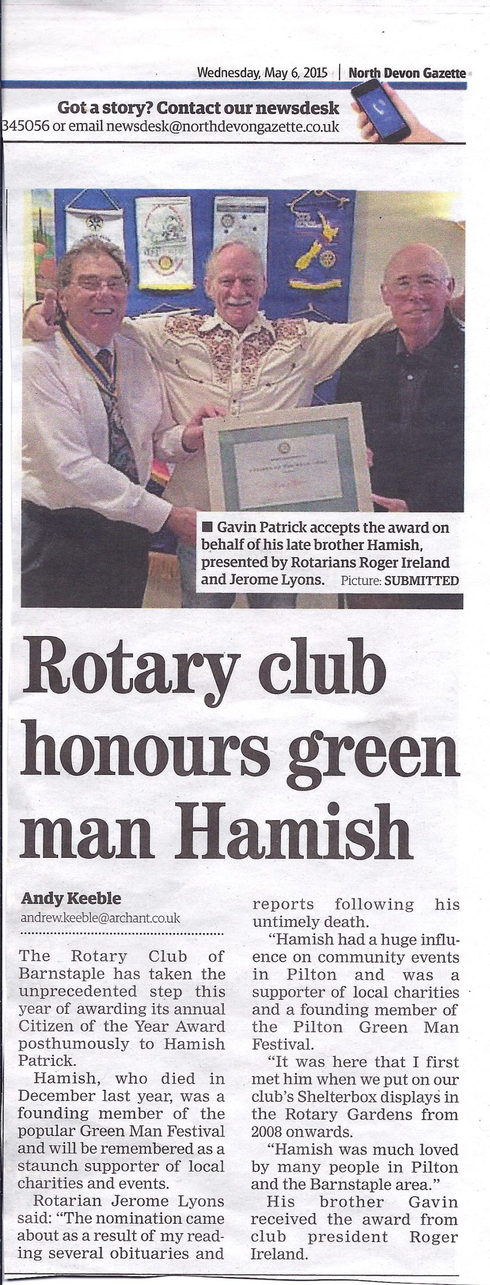 Rotary Club Honours Green Man Hamish