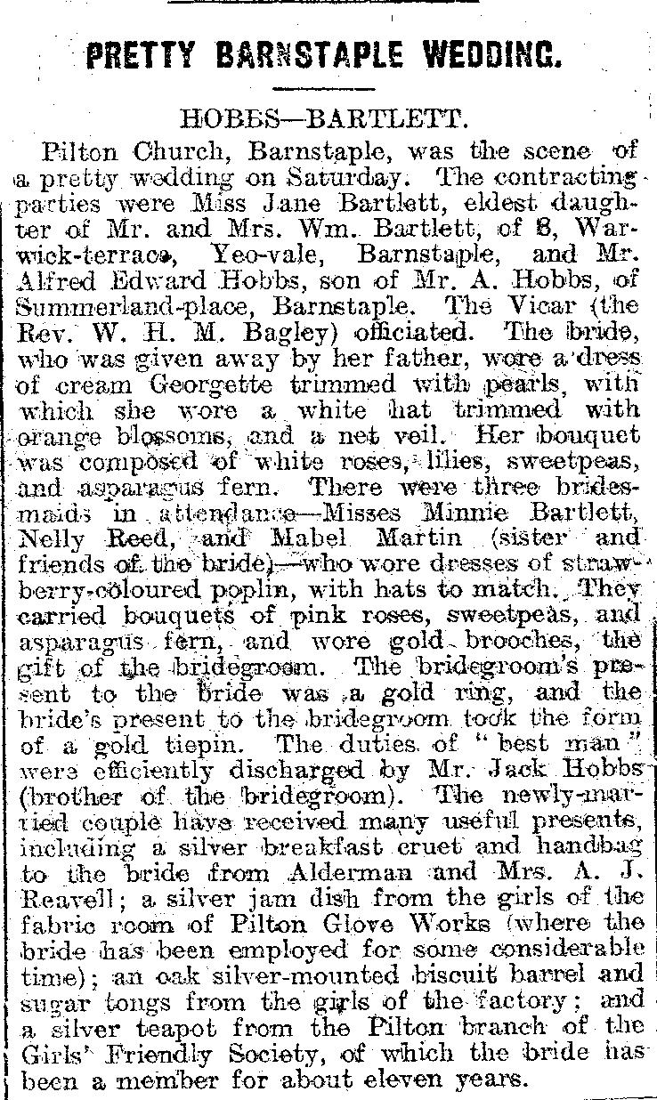 Wedding of William and Jane Bartlett in Pilton Church in July 1920