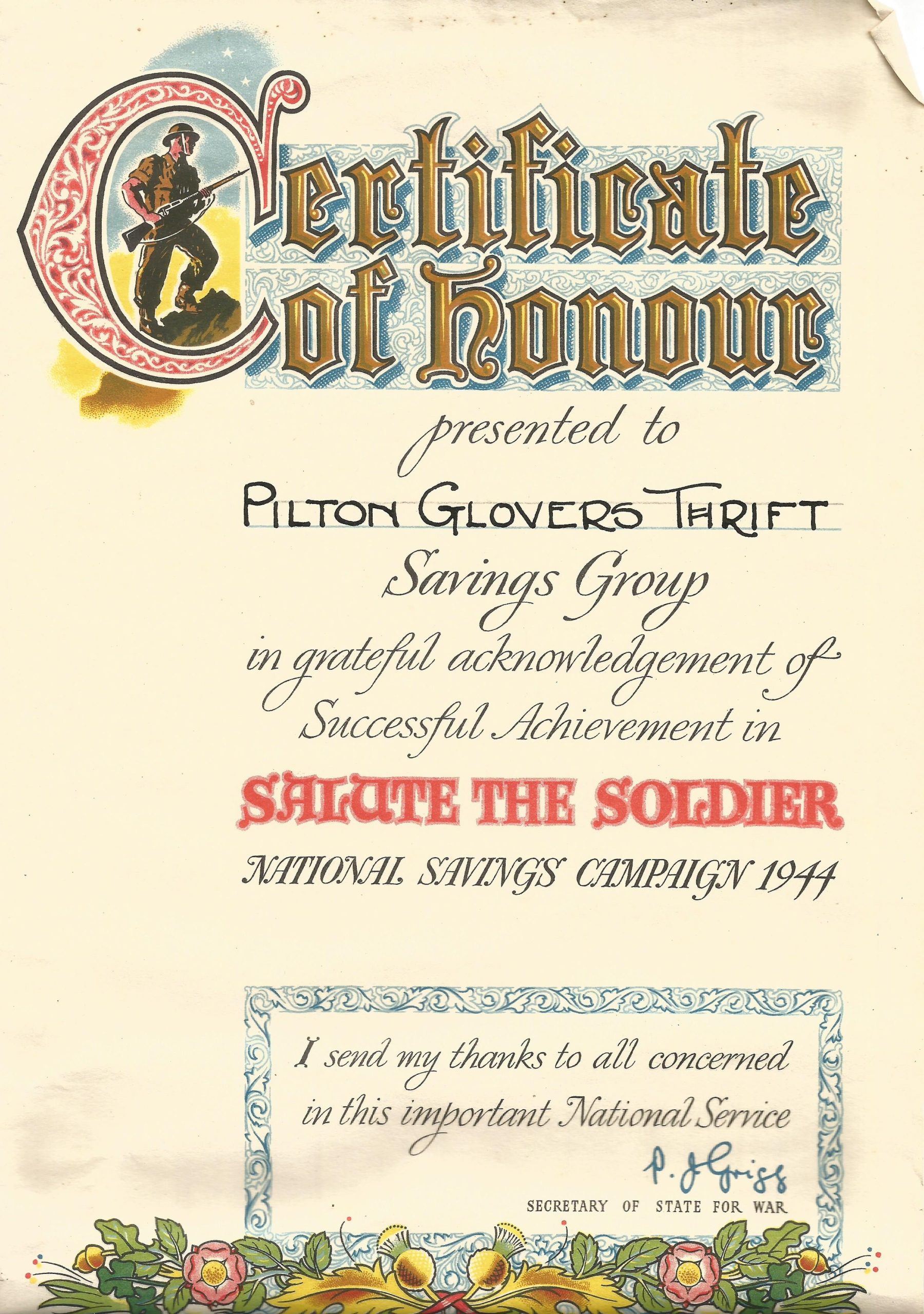 Certificate of Honour awarded to Pilton the Glovers Thrift Savings Group during the World War II National Savings Campaign in 1944